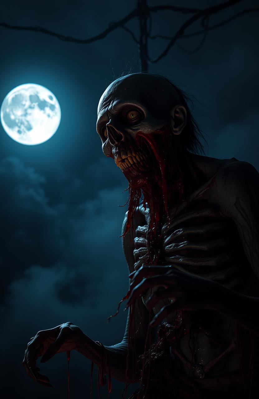 A haunting scene of a zombie in the moonlit night, exhibiting a grotesque expression as it tears away its own skin and flesh, showcasing vivid details of decaying limbs and blood