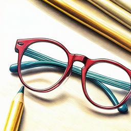 A high-quality coloured pencil drawing of designer glasses