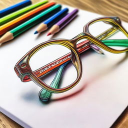 A high-quality coloured pencil drawing of designer glasses