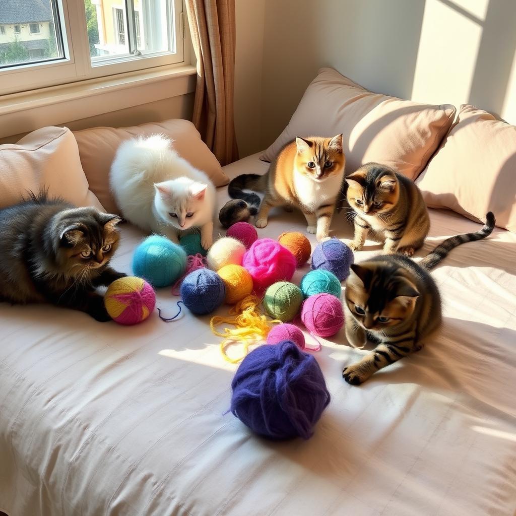 A cozy and charming scene of several fluffy cats playfully interacting with colorful balls of wool on a neatly made bed