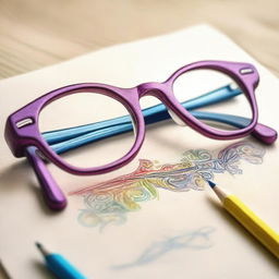 A high-quality coloured pencil drawing of designer glasses