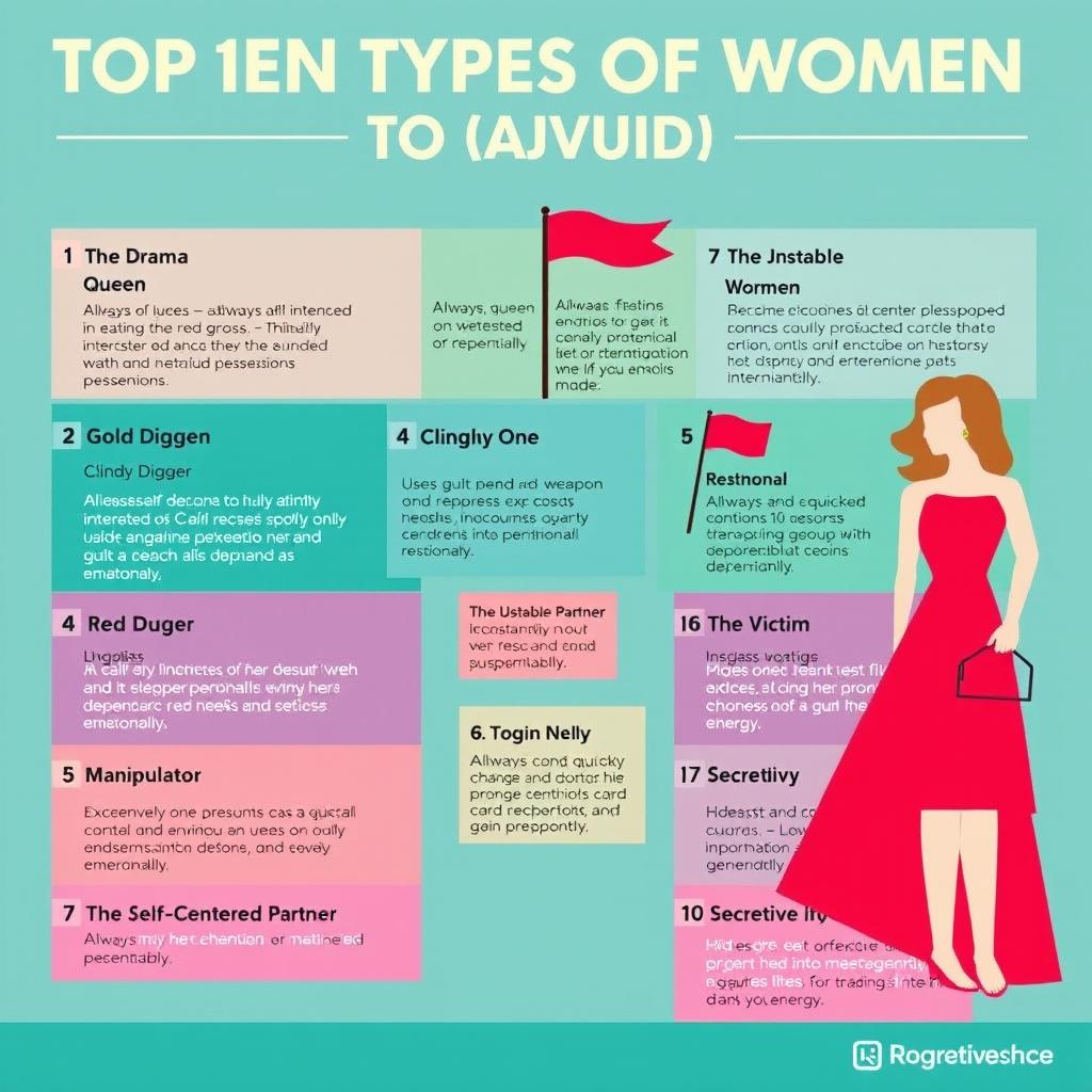 An infographic featuring a visually engaging and informative design, highlighting the top ten types of women to avoid in relationships