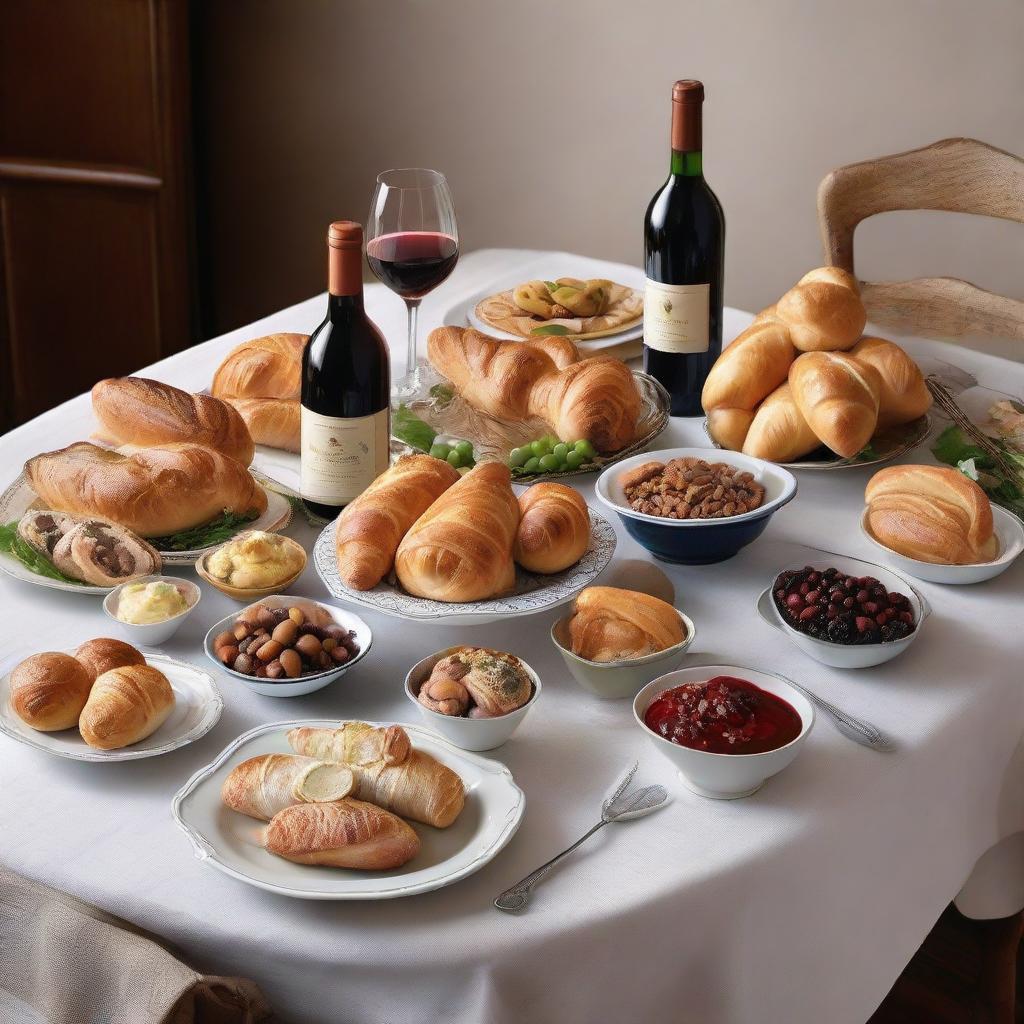 An elegant dining table scattered with French cuisine delicacies. Baguettes, croissants, escargot, and coq au vin richly adorned, paired with a bottle of vintage wine.