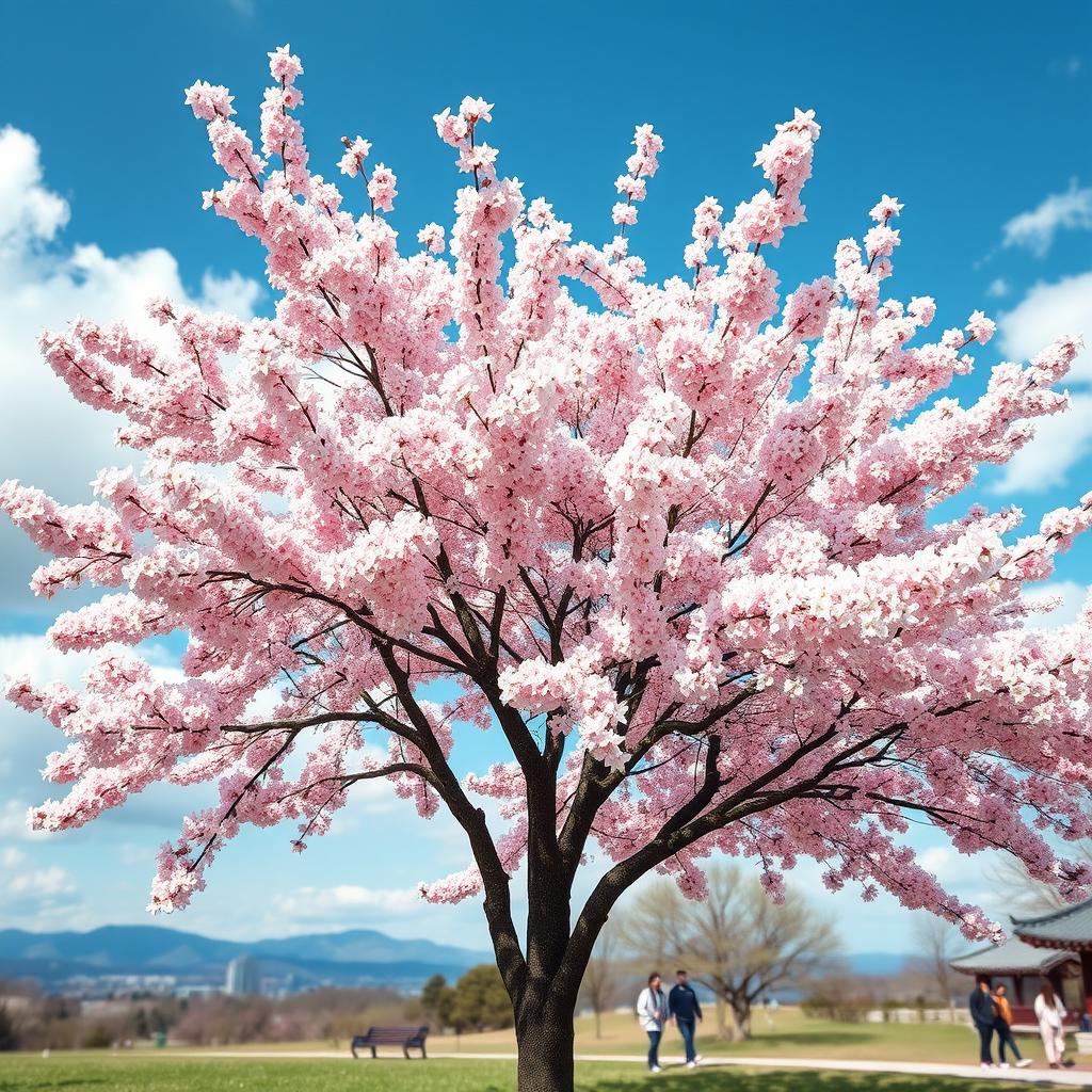 A stunning cherry blossom tree in full bloom, adorned with delicate pink flowers, set in a picturesque parkland in Seoul, South Korea