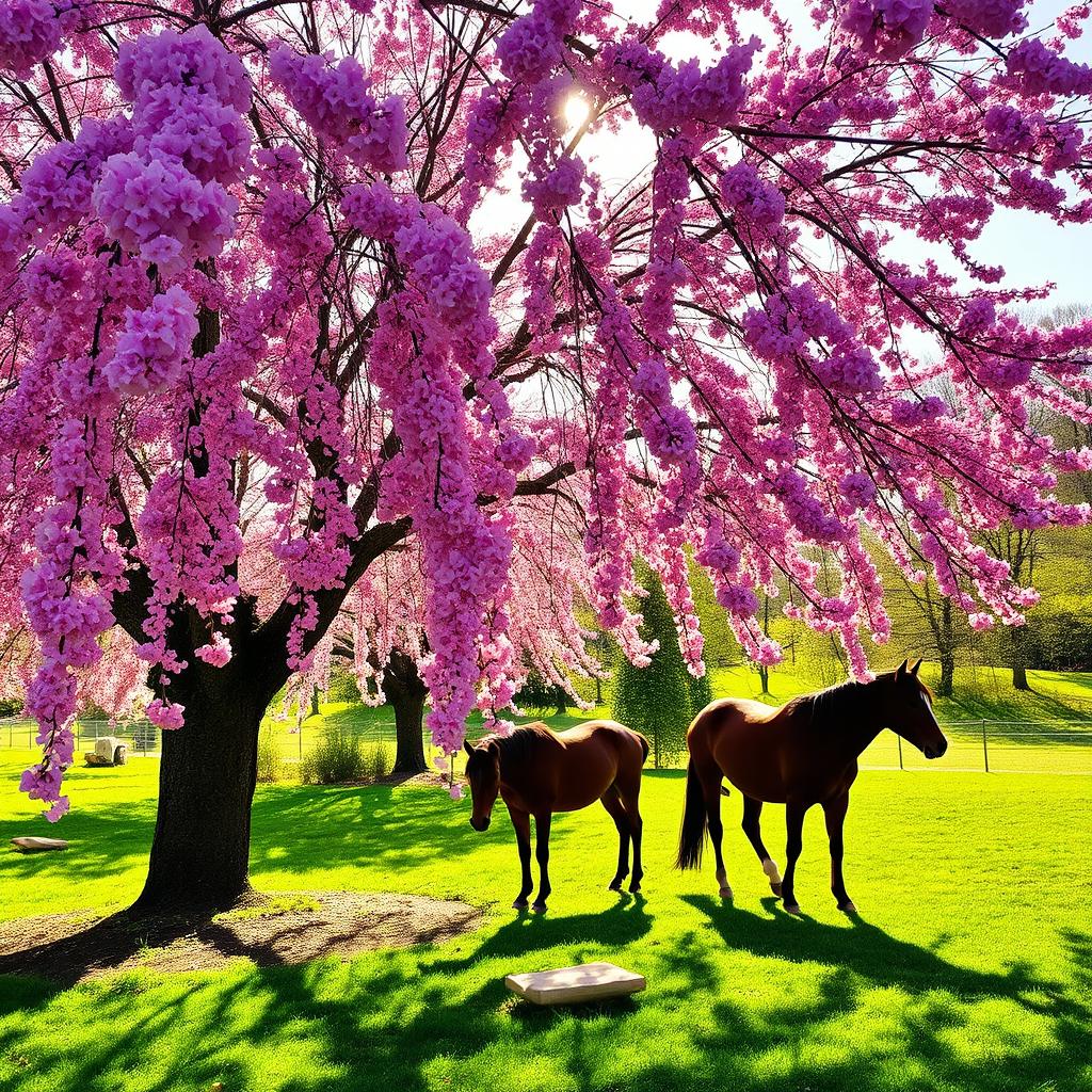 A picturesque landscape featuring a cherry blossom tree in full bloom, with its vibrant pink flowers cascading down