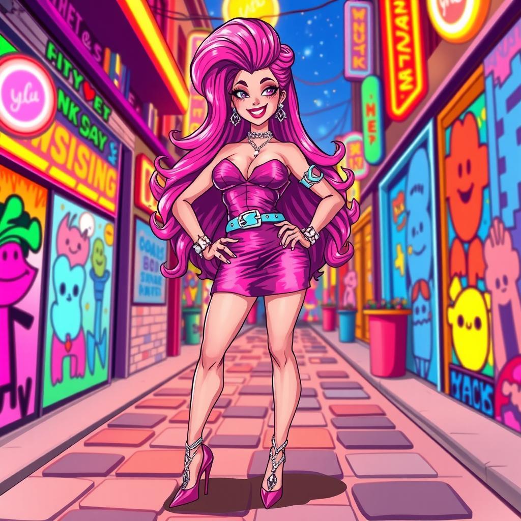 A vivid and playful illustration of a stylish sissy character, adorned in colorful and flamboyant clothing, with an exaggerated sense of fashion