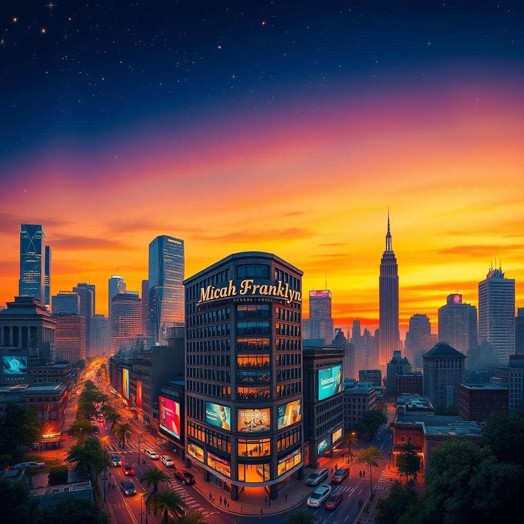 An artistic rendering of a vibrant city skyline at dusk, featuring a mix of modern skyscrapers and historic buildings, illuminated by the warm glow of city lights