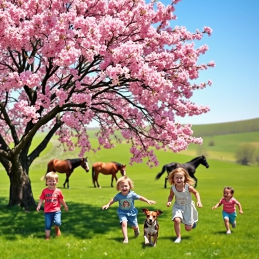A picturesque scene featuring a cherry blossom tree in full bloom, its vibrant pink flowers creating a beautiful canopy