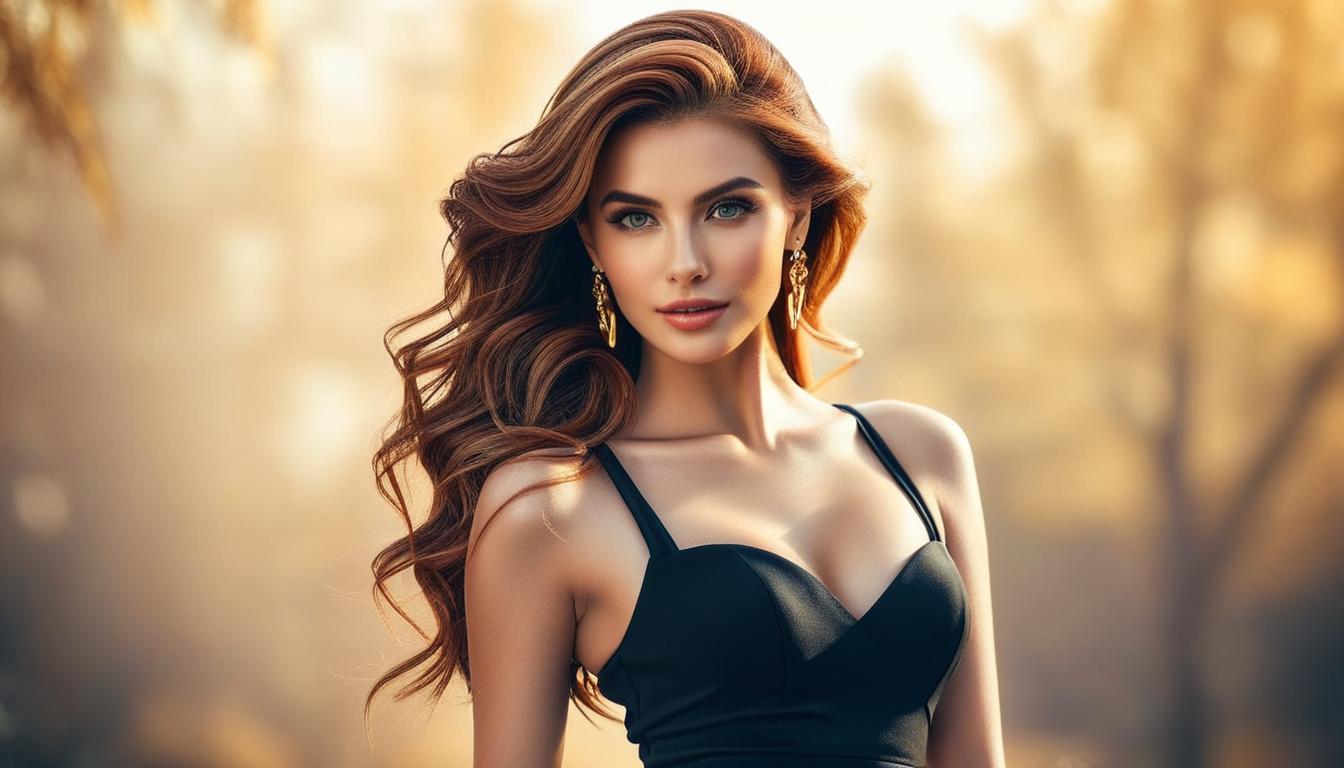 pretty woman with an elegant black dress and high golden heels