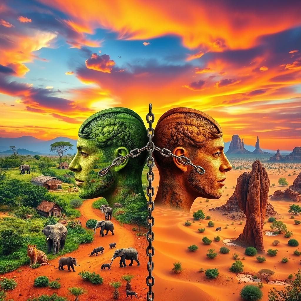 A surreal African landscape divided into two distinct parts, showcasing vibrant nature and rich flora and fauna
