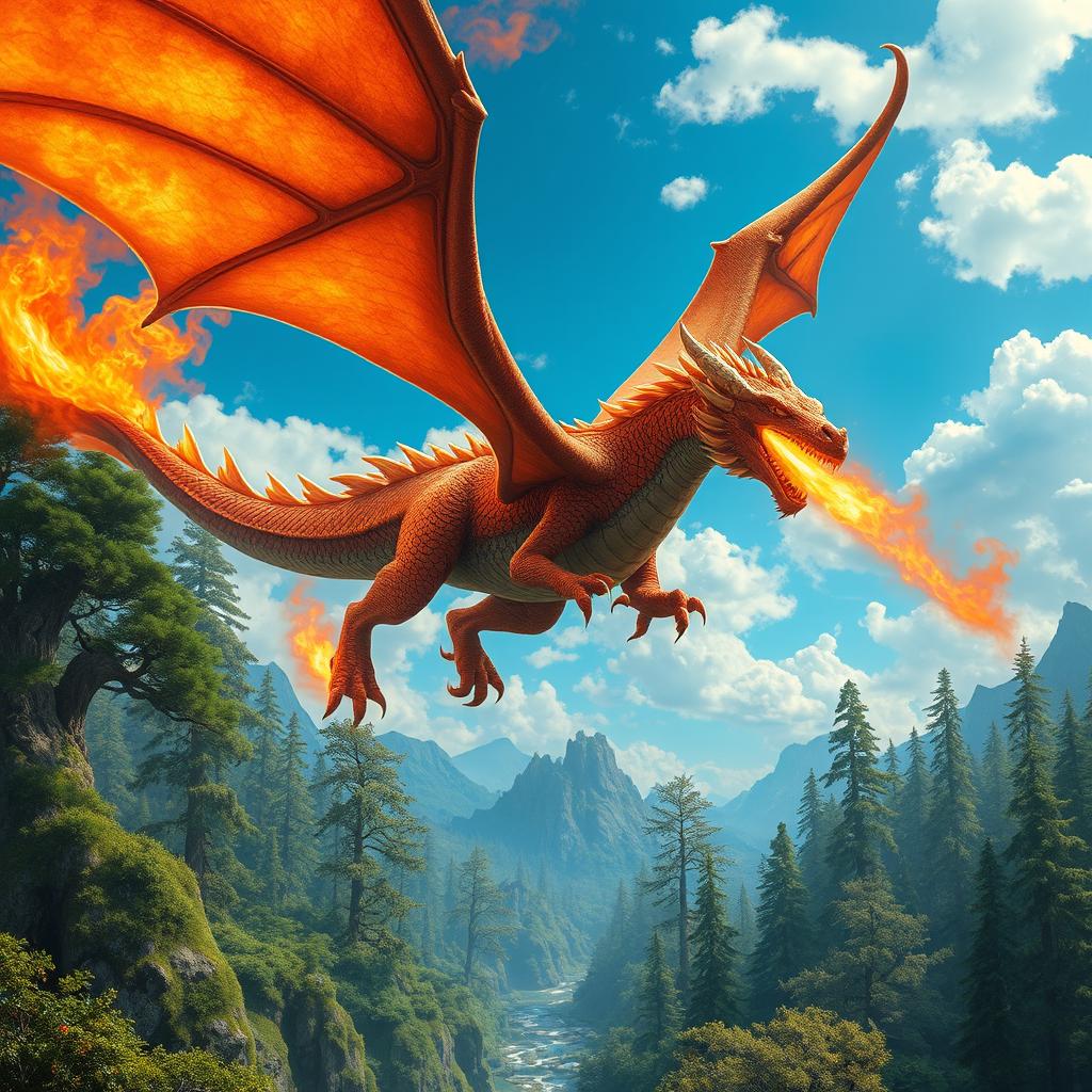 A majestic dragon soaring high above an enchanted forest, its vibrant scales shimmering in the sunlight
