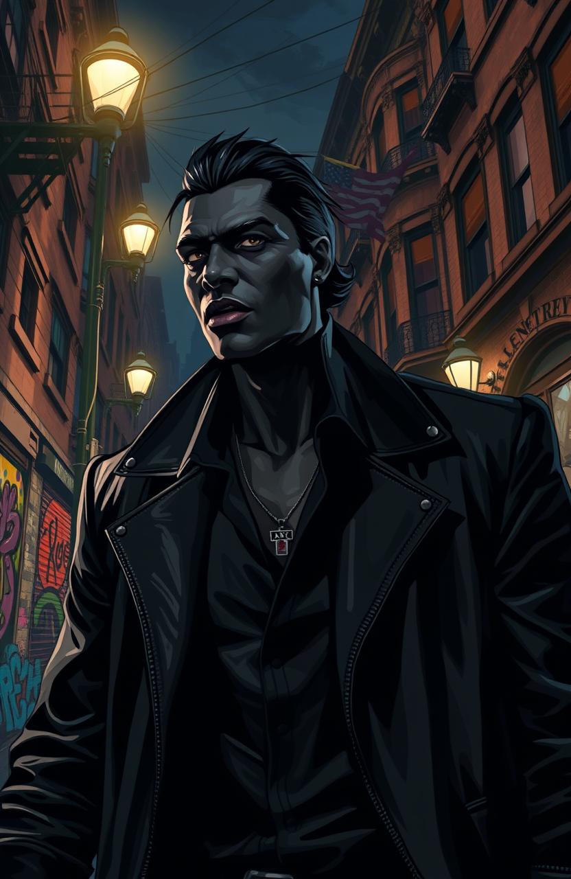 A striking, modern depiction of a black vampire prowling through the streets of Harlem at night