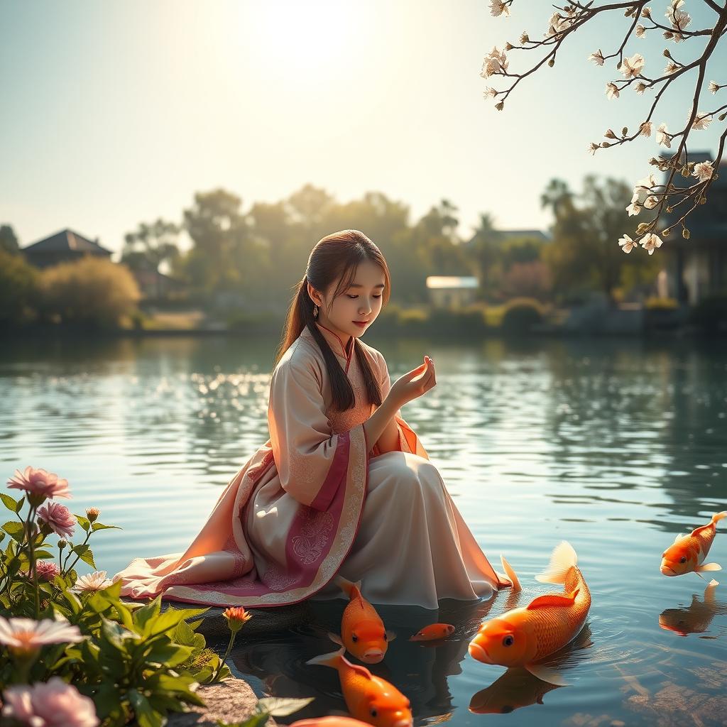 A serene scene of a Chinese girl in a beautiful traditional outfit, gracefully sitting by the edge of a tranquil lake