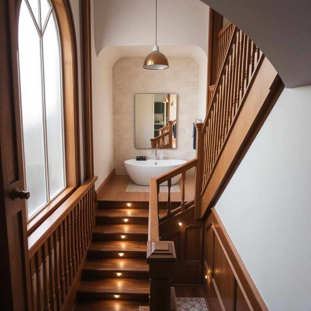 A beautifully designed staircase that leads up to a stunning bathroom