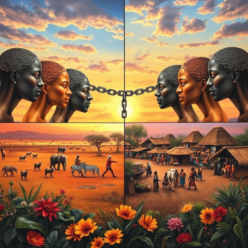 An intricate representation of the African landscape, featuring a captivating split scene that showcases two distinct parts