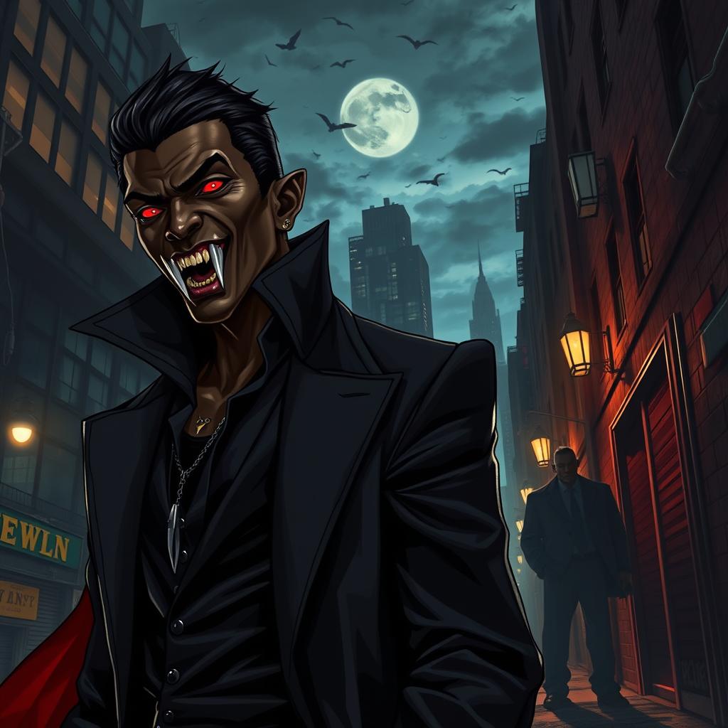 A hyper-realistic black vampire character depicted in a modern-day Harlem setting