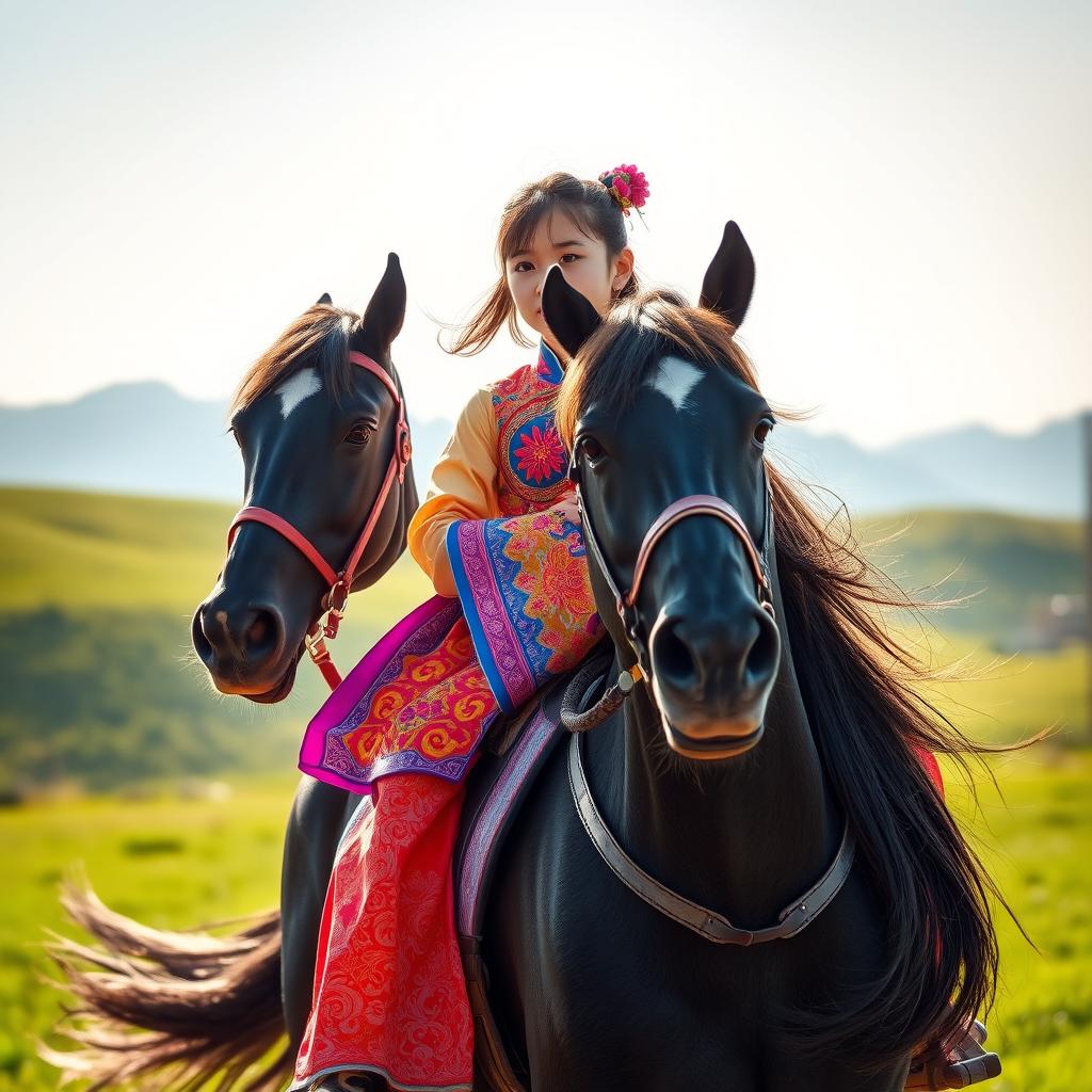 A young Chinese girl in a vibrant traditional outfit, featuring intricate patterns and bright colors, gracefully riding a majestic black horse
