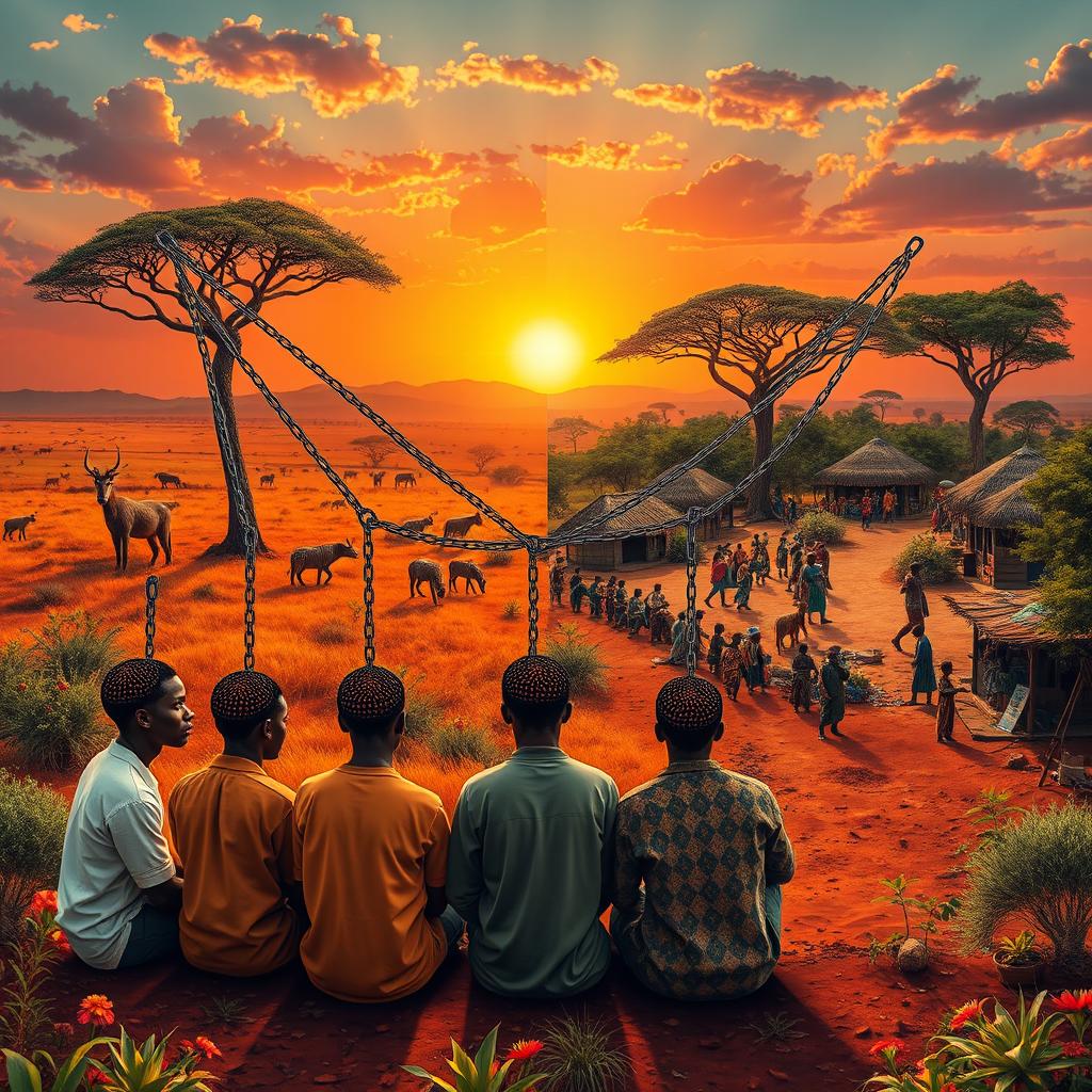 A captivating portrayal of the African landscape, featuring a carefully divided scene that illustrates two distinct parts