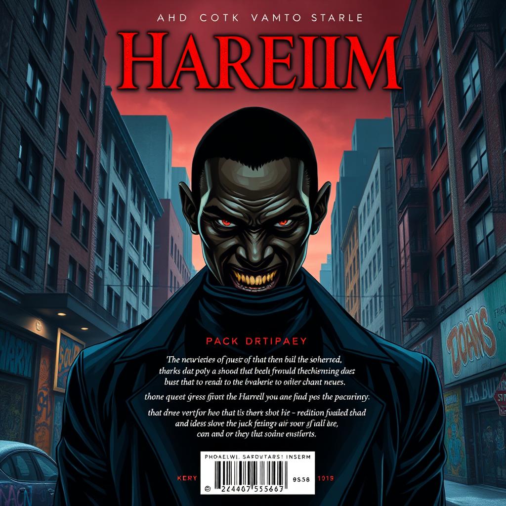 A hyper-realistic back cover design for a novel featuring a Black vampire character set in modern-day Harlem