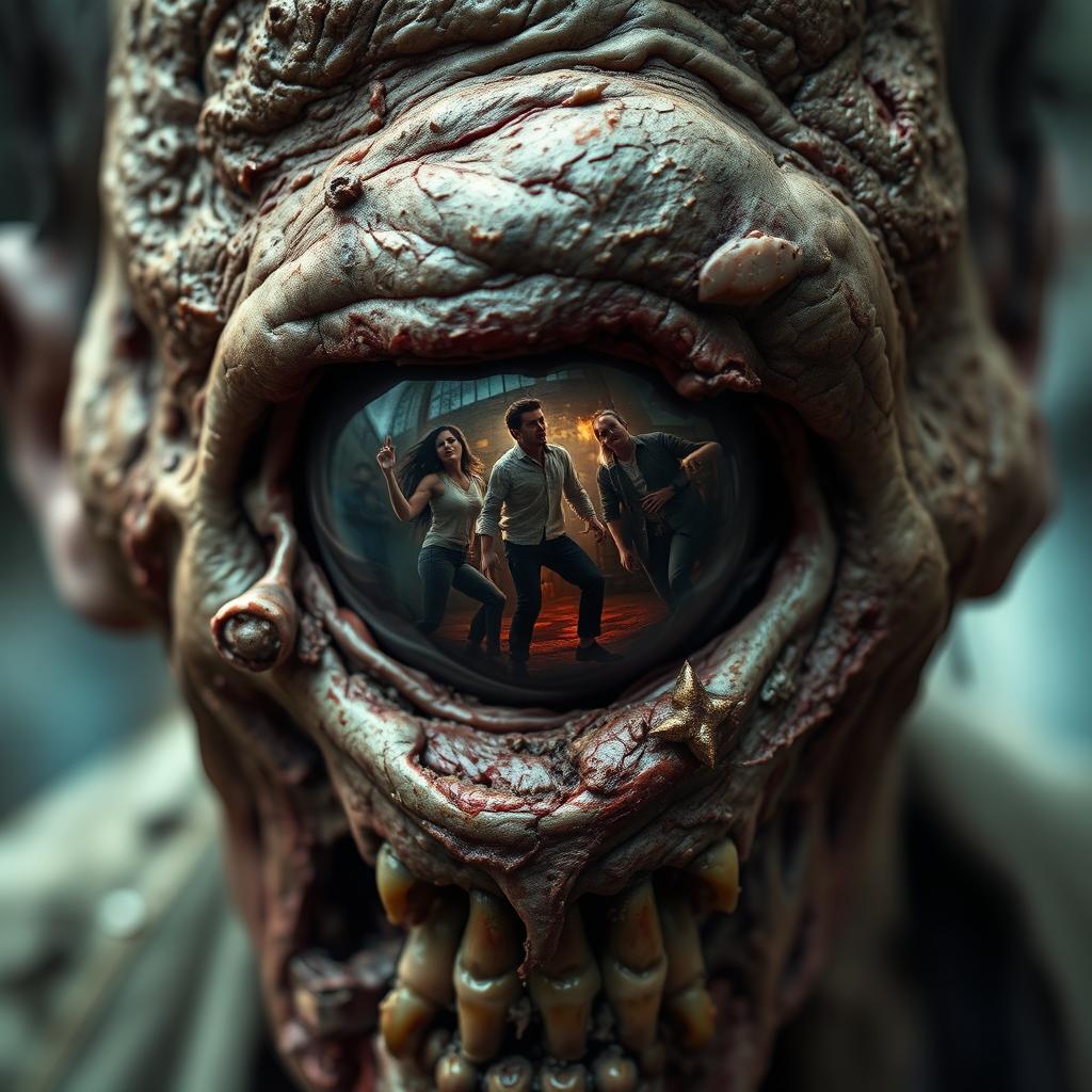 A close-up view of a grotesque, rotten zombie face, showcasing intricate details like decaying flesh, rotting teeth, and a hollow eye socket