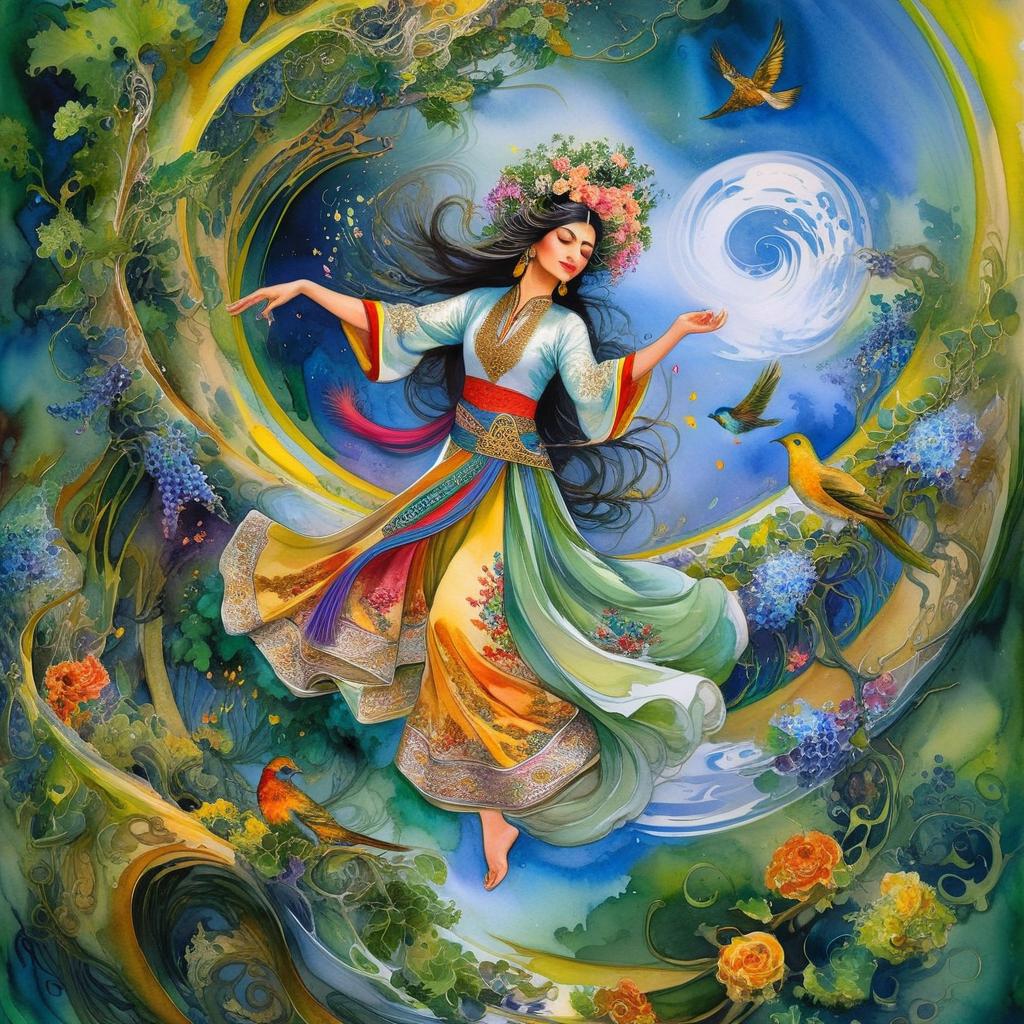 Mystical and spiritual watercolor painting of a beautiful Iranian woman in traditional dress suspended in the air in a swirl of multi-colored flowers, a maze of asymmetrical bonsai trees, a whirlwind of beautiful birds, and a forest of grapevines in a spectrum of green, yellow, and blue