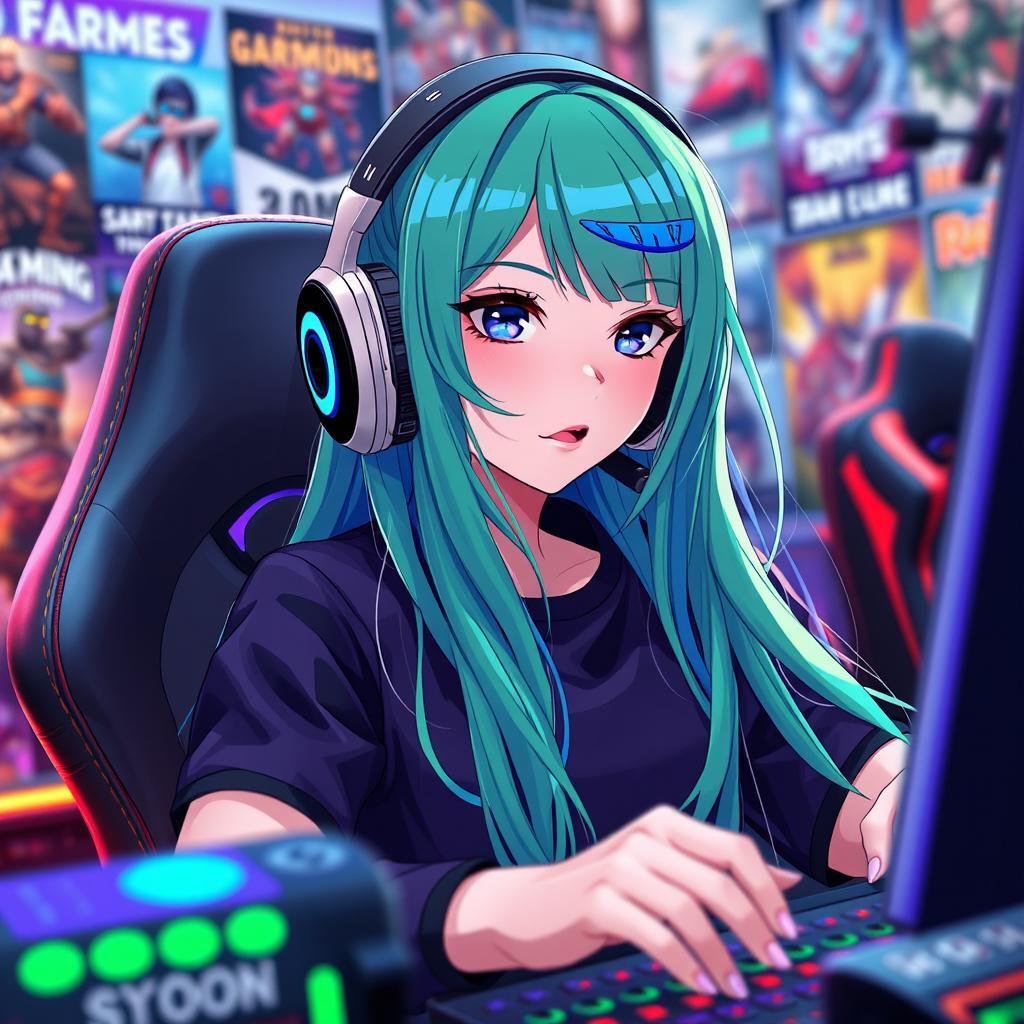An anime-style girl gamer with long, vibrant green hair featuring bold blue highlights