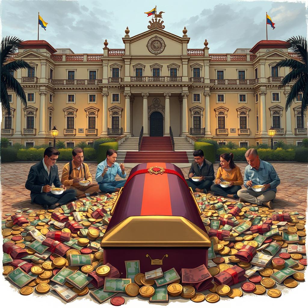 A detailed illustration of the Venezuelan Palace, prominently displayed with its traditional architecture and grandeur