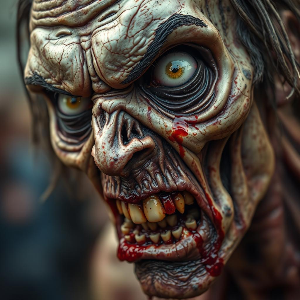 A close-up view of a gruesome, rotten zombie face, featuring intricate details such as decaying skin, exposed muscles, and menacing teeth