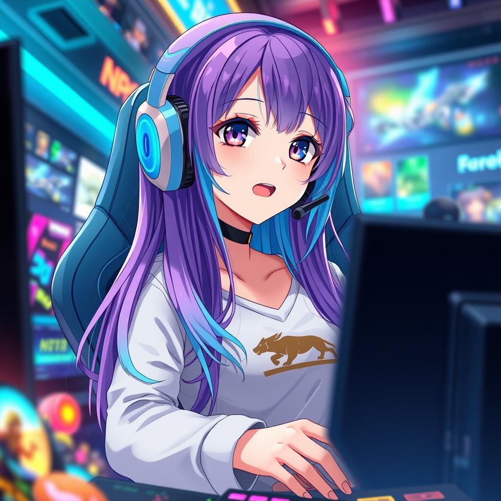 An anime-style girl wearing oversized gaming headphones, featuring long, striking purple hair with stunning blue highlights