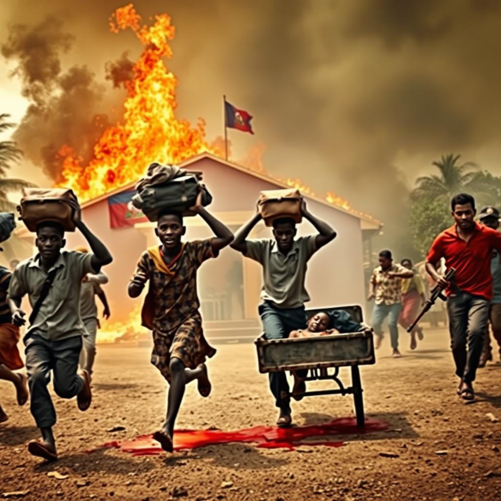 A scene depicting a school in Haiti that is on fire, with some parts of the flag also burning amidst the flames