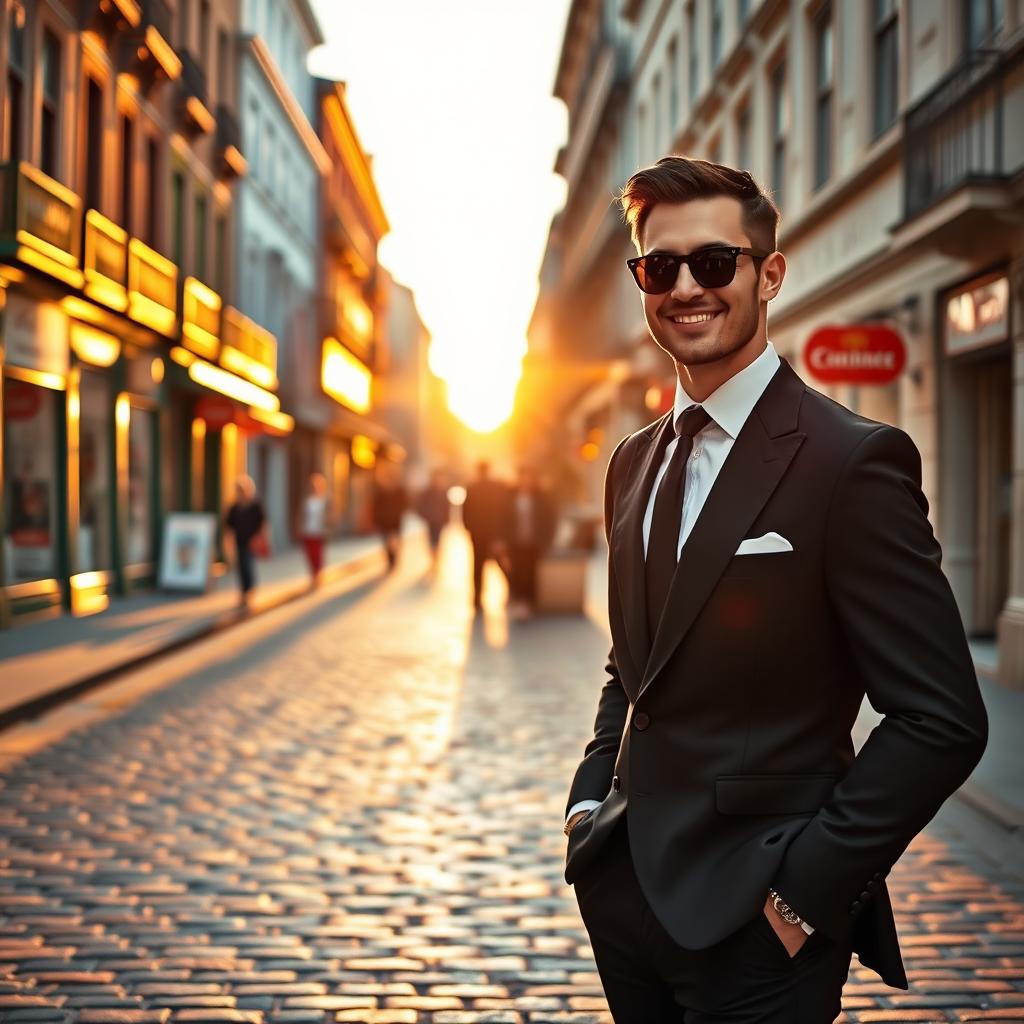 A majestic scene of a classic city street during sunset, featuring an elegant man in a tailored black suit standing confidently on the right side of the frame