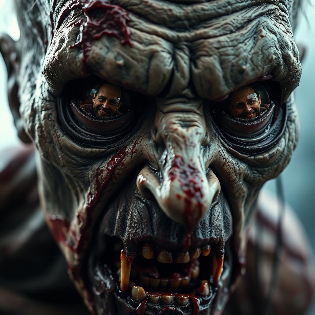A close-up of a detailed, rotten zombie face with visible decay and gruesome details, showcasing its tattered skin, exposed teeth, and hollow eyes