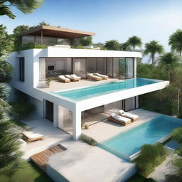 A two-story beach-view villa terraced in contour, with a total land area of 100m2 and a building area of 60m2 per floor. The property features an infinity pool and a carport on the second floor, a living room on each level, and a balcony on the second floor.