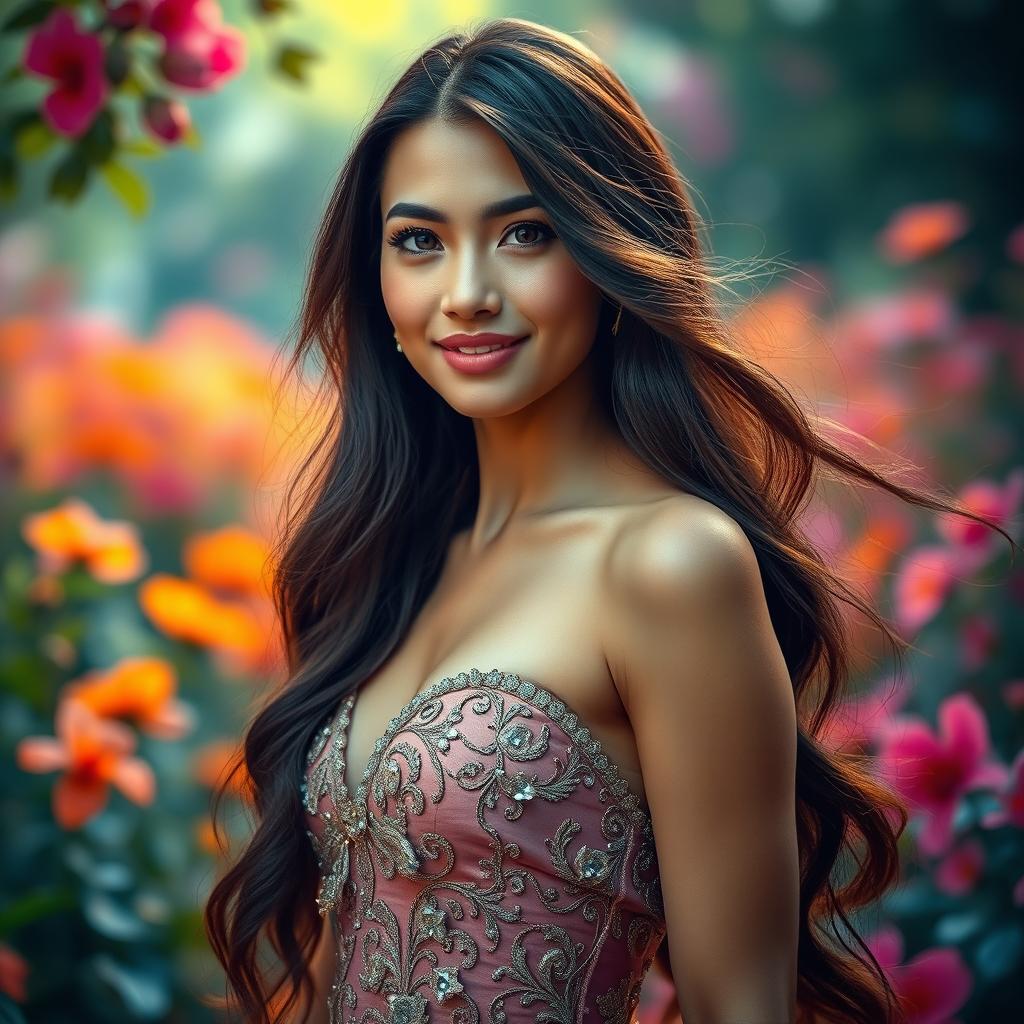 A breathtaking portrait of a woman with long flowing hair, wearing an elegant evening gown