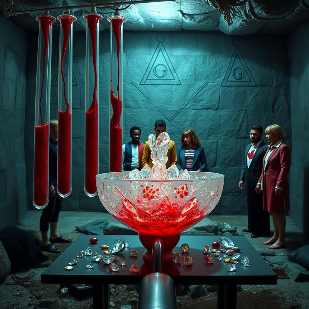 Underground scene featuring six transparent tubes filled with blood, flowing into a crystal fountain which is nearly full of blood