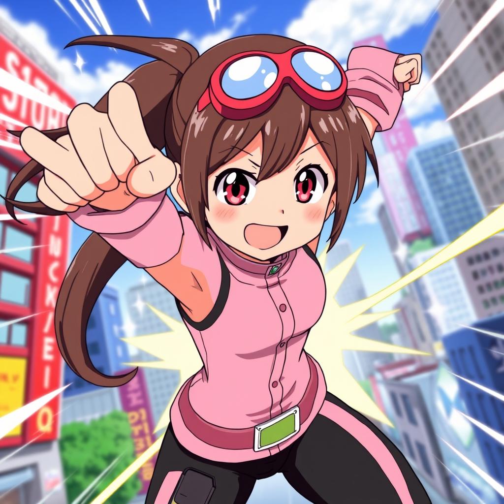 Ochaco Uraraka from the anime My Hero Academia striking a dynamic pose, showcasing her cheerful personality and gravity-defying powers