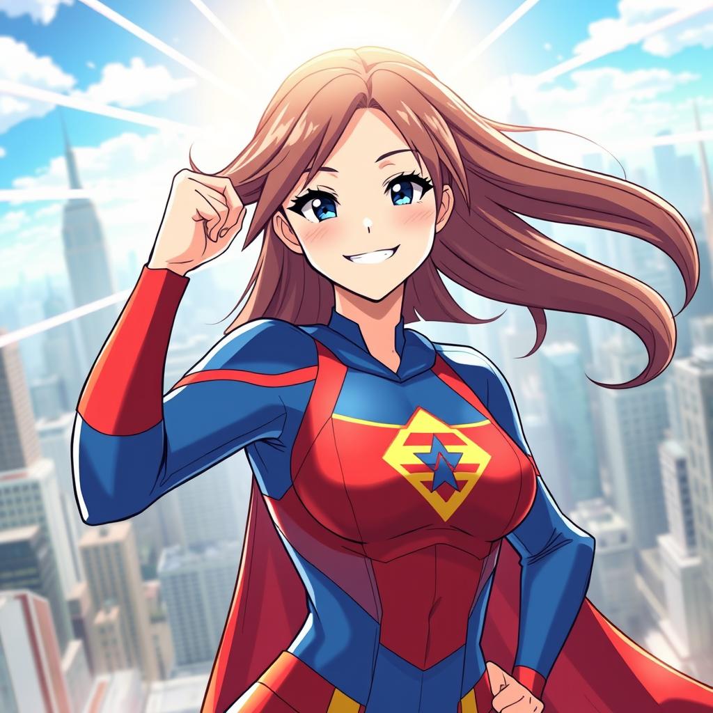 An anime-style superheroine smiling confidently while striking a heroic pose
