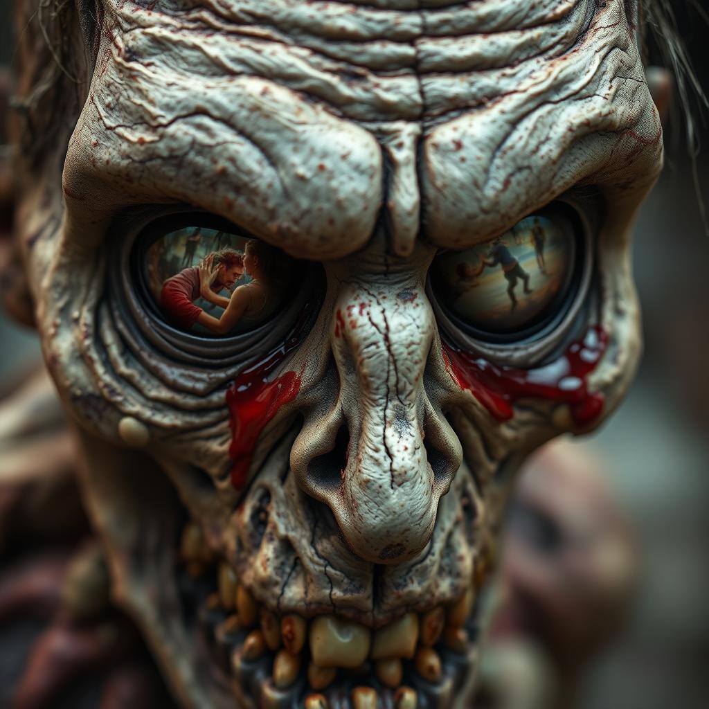 A close-up view of a detailed, decayed zombie face, showcasing intricate features such as rotting flesh, hollow cheeks, and menacing expressions