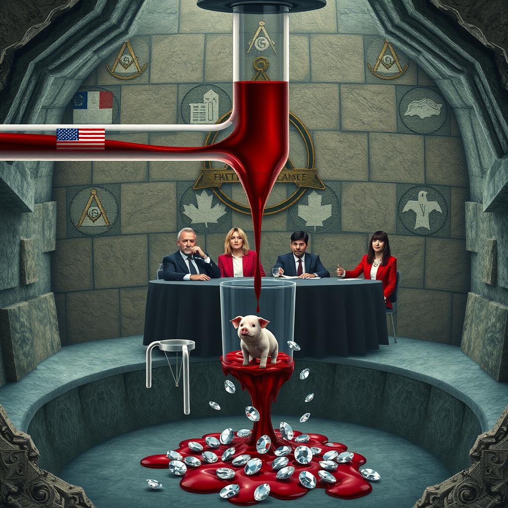 An underground scene featuring a single transparent tube filled with blood that flows into a crystal fountain, which is nearly full of blood