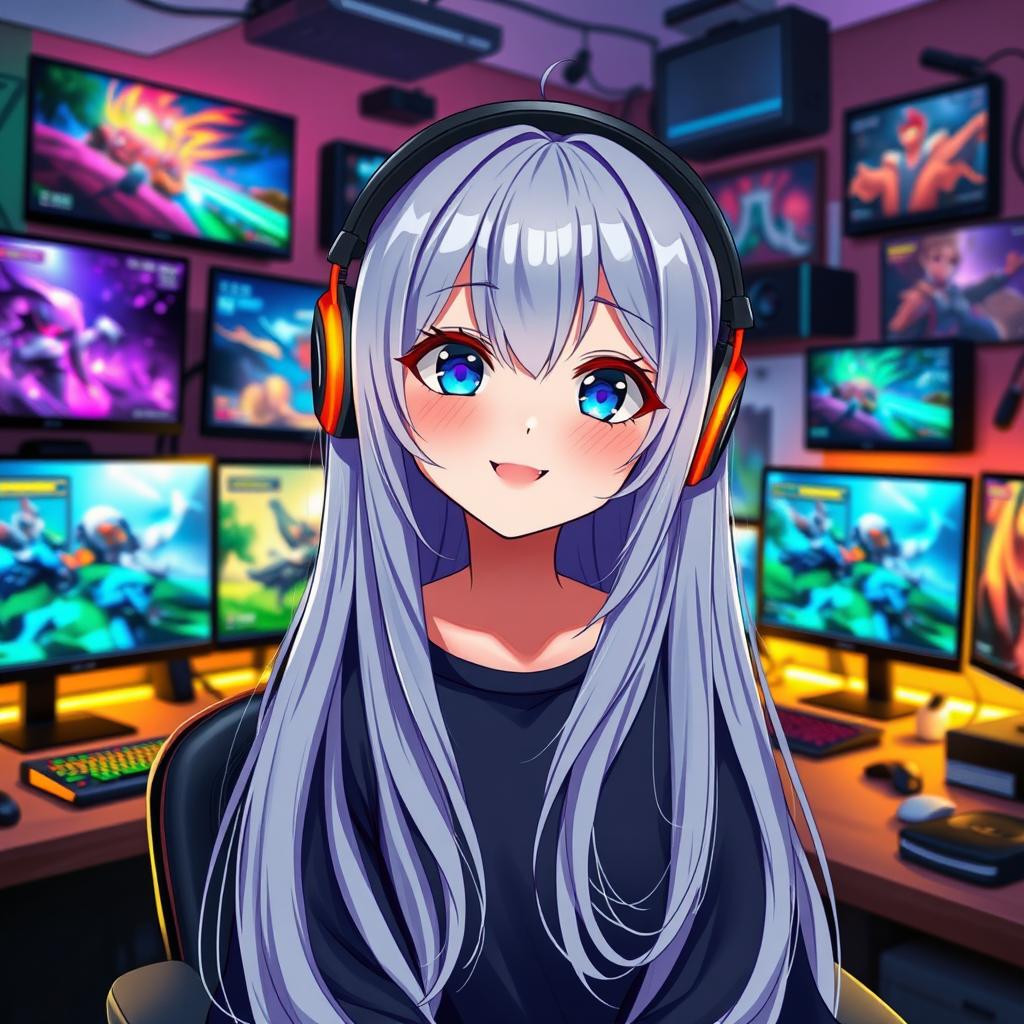An anime-style girl with long gray hair, elegantly cascading down her shoulders, wearing stylish gaming headphones