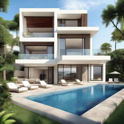 A two-story beach-view villa terraced in contour, with a total land area of 100m2 and a building area of 60m2 per floor. The property features an infinity pool and a carport on the second floor, a living room on each level, and a balcony on the second floor.