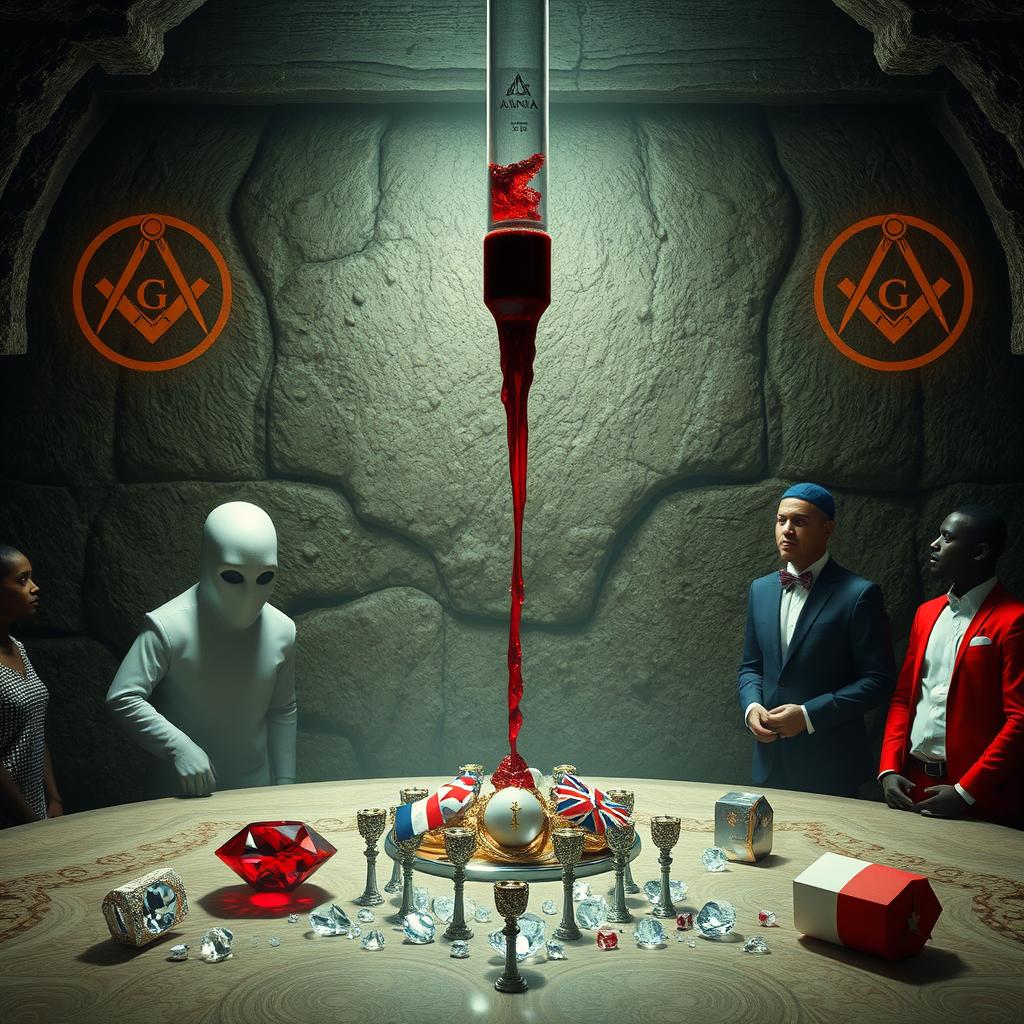 A captivating underground scene showcasing a single transparent tube filled with blood flowing into a nearly full crystal fountain