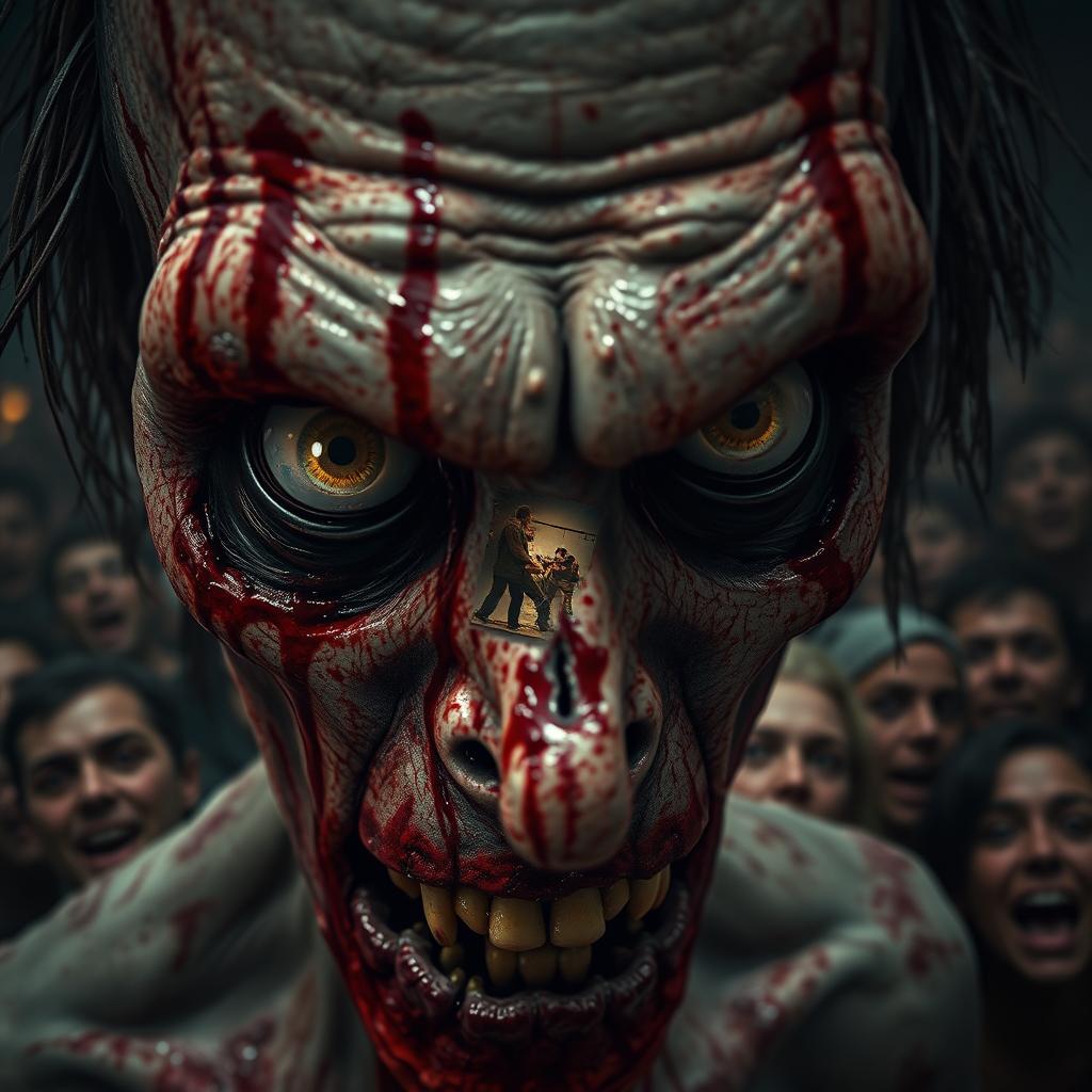 A close-up rectangular shot of a zombie's gruesome face, covered in blood and showing intense expression