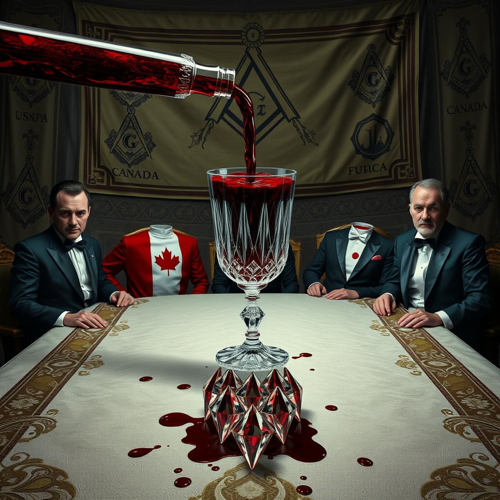 A surreal and dramatic scene featuring a transparent tube filled with blood flowing into a crystal goblet that is nearly full of blood