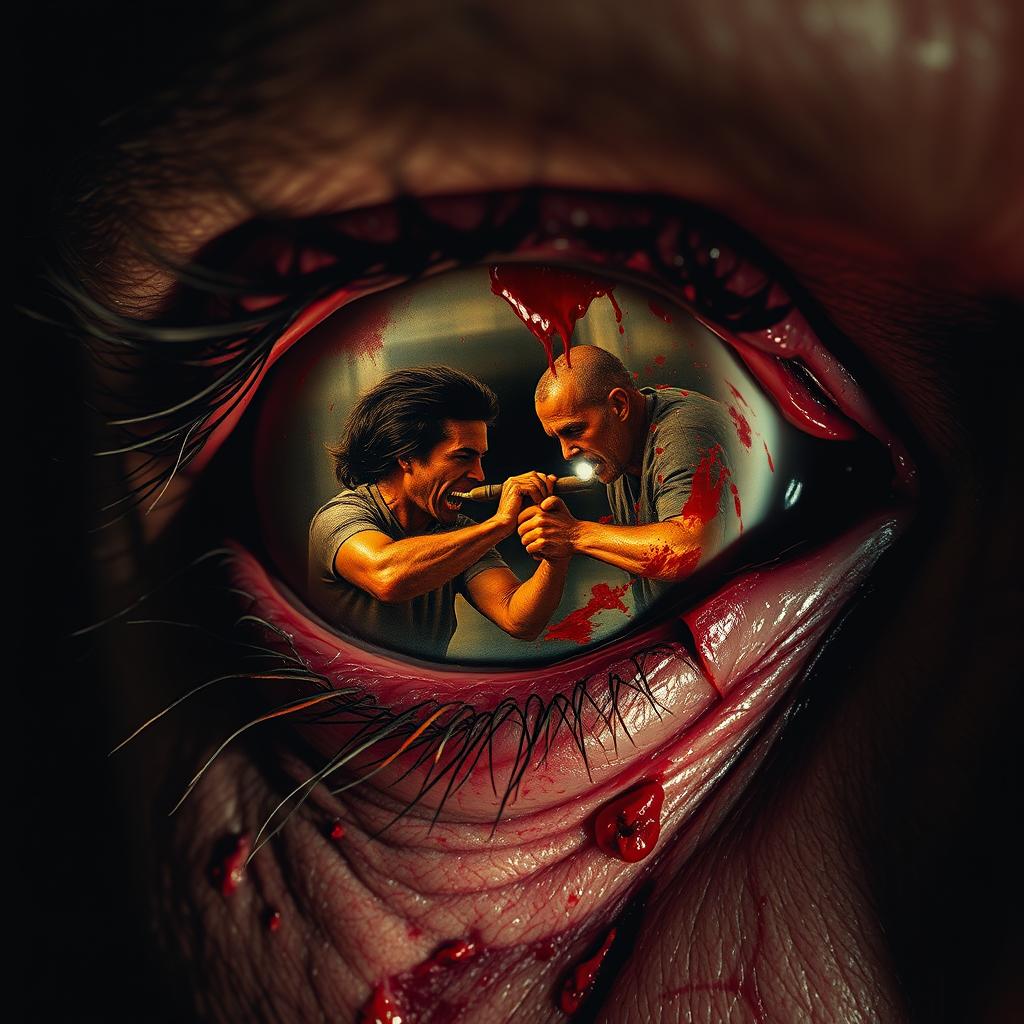 A close-up of a shattered eye of a living dead man, with gory details showcasing broken skin and exposed tissue