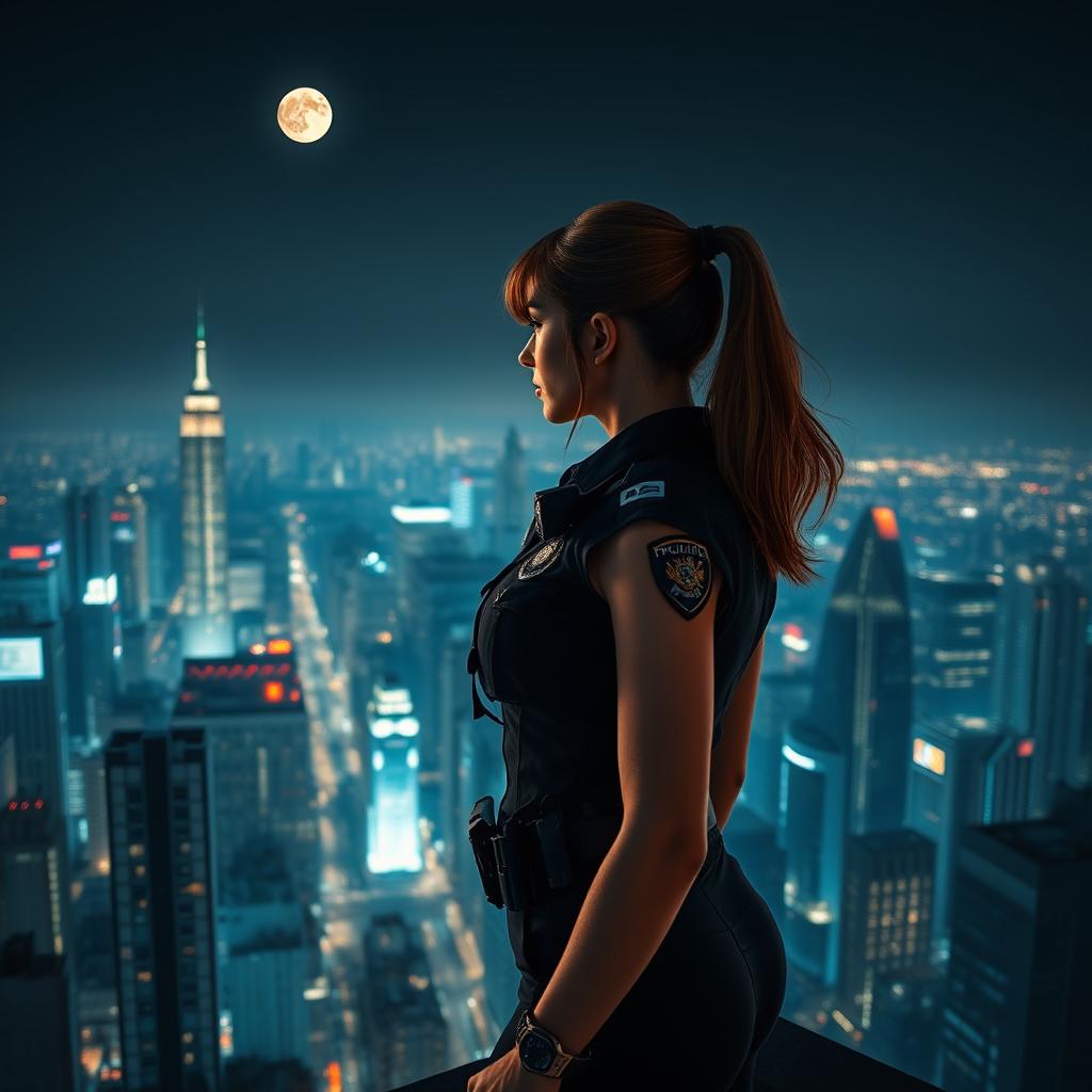 A captivating nighttime scene featuring a female police officer standing atop a building, gazing over a sprawling cityscape illuminated by city lights
