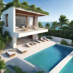 A two-story beach-view villa terraced in contour, with a total land area of 100m2 and a building area of 60m2 per floor. The property features an infinity pool and a carport on the second floor, a living room on each level, and a balcony on the second floor.