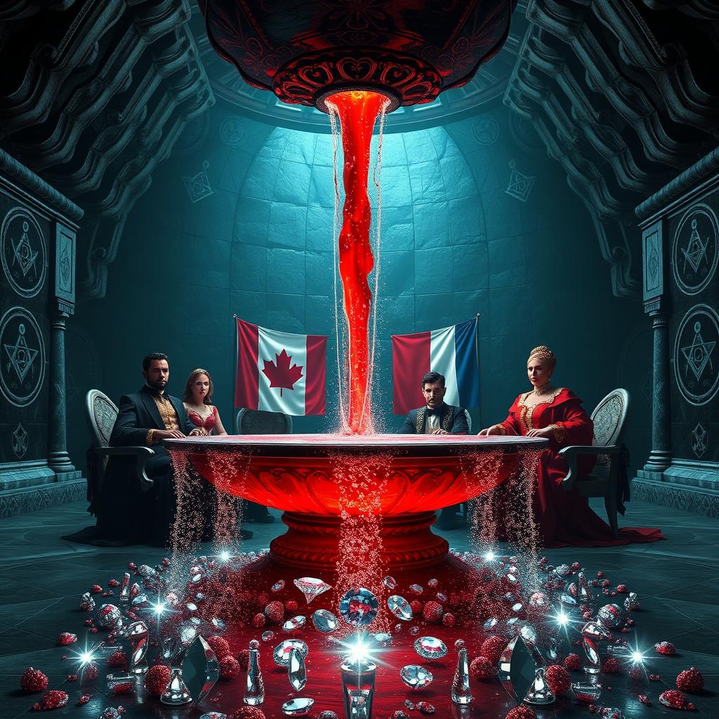 In a surreal scene, an expansive underground chamber with a crystalline fountain pouring out a steady stream of crimson liquid