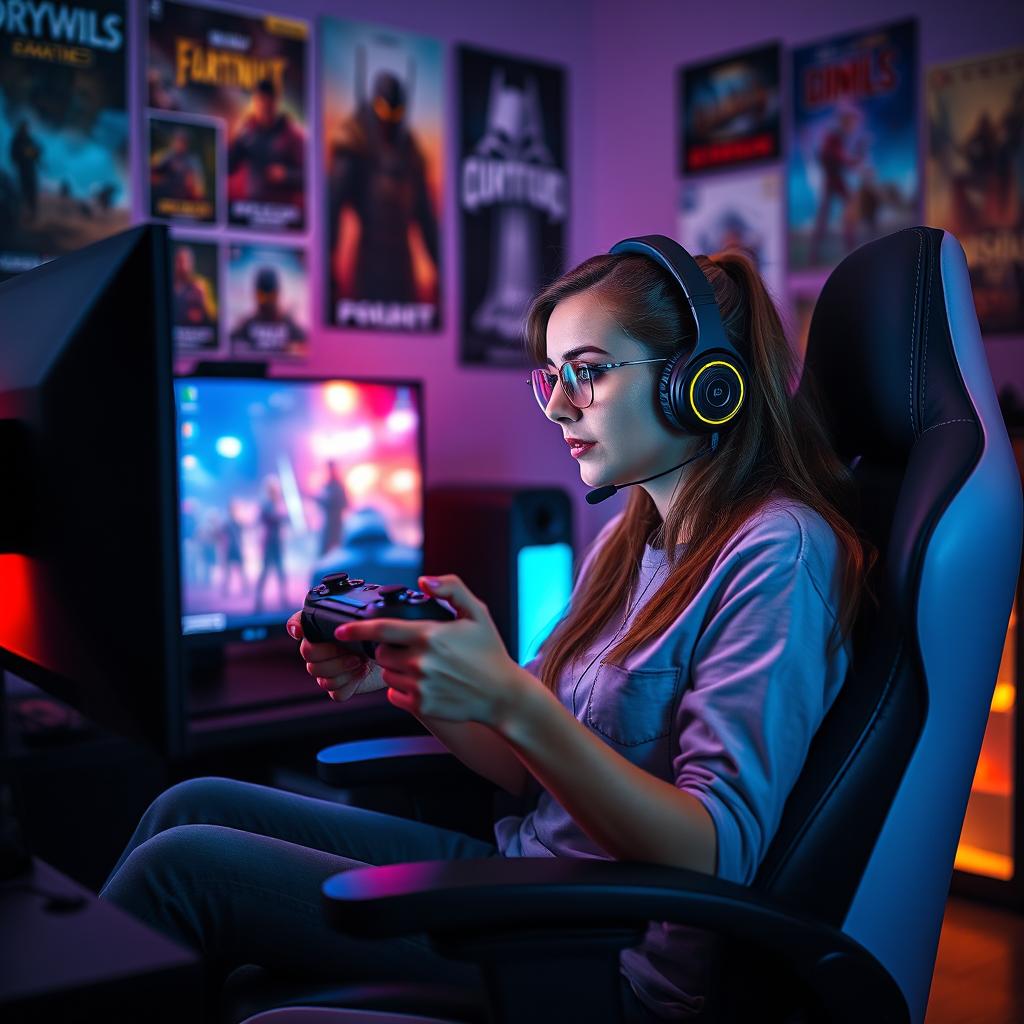 An engaging scene featuring a woman gamer intensely focused on playing video games with a controller in her hands