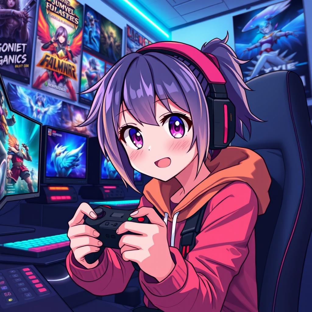 An anime-style illustration of a female gamer engrossed in playing video games with a controller in her hands